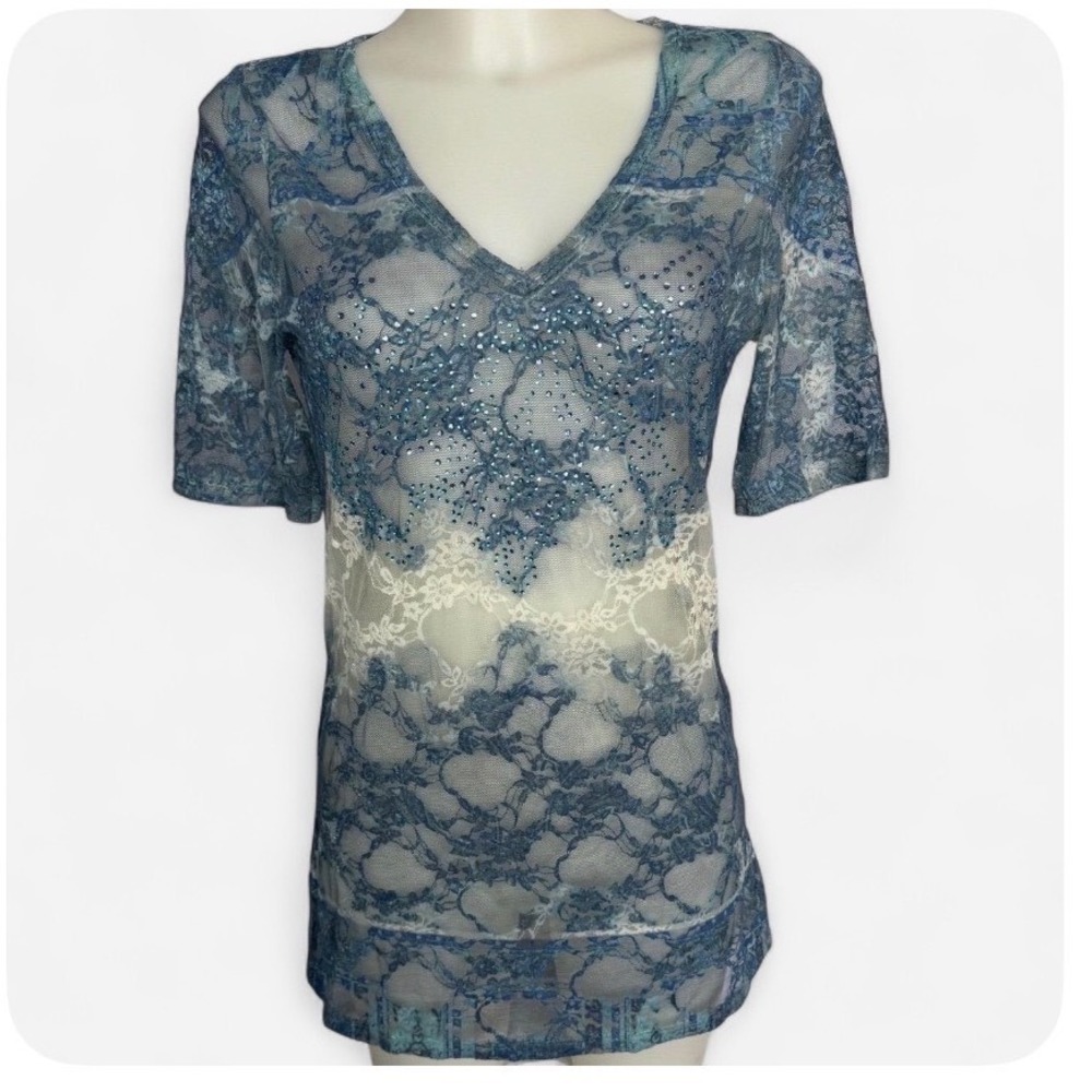 NWT Y2K Daytrip Lace Blue Fairycore Coquette Rhinestone Sheer Mesh V-Neck Large